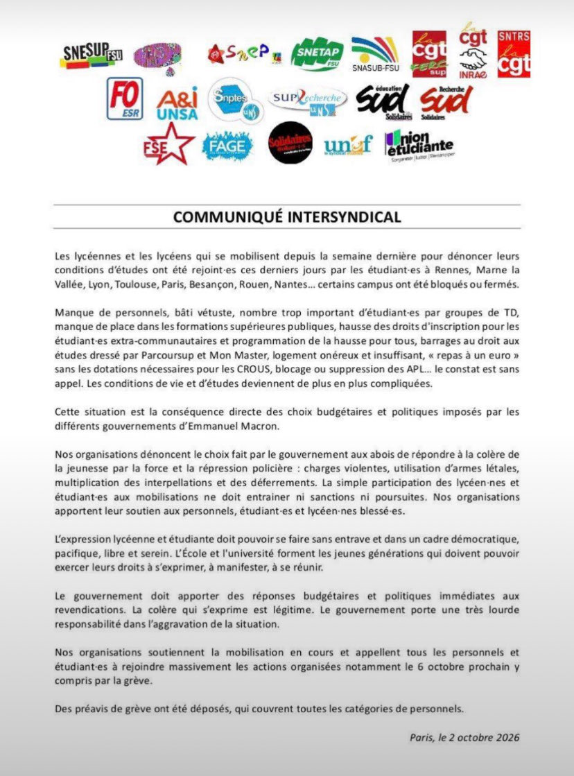 edwyplenel's tweet photo. L’ensemble des organisations syndicales soutiennent le mouvement des lycéen.nes et appellent aux manifestations unitaires du mardi 6 octobre. Cette convergence exprime un soulèvement profond du pays au terme de la désastreuse décennie présidentielle d’Emmanuel Macron. https://t.co/ifuxgtNoPV