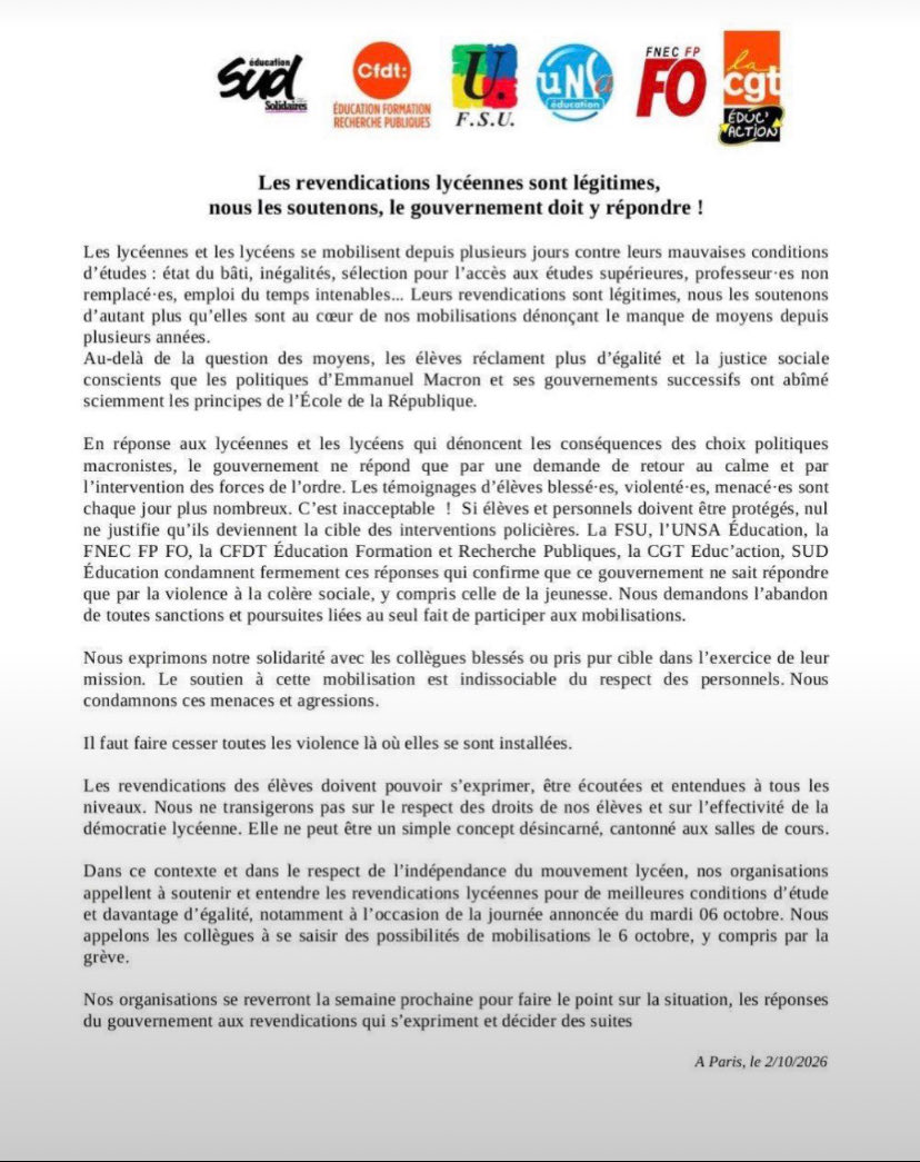 edwyplenel's tweet photo. L’ensemble des organisations syndicales soutiennent le mouvement des lycéen.nes et appellent aux manifestations unitaires du mardi 6 octobre. Cette convergence exprime un soulèvement profond du pays au terme de la désastreuse décennie présidentielle d’Emmanuel Macron. https://t.co/ifuxgtNoPV