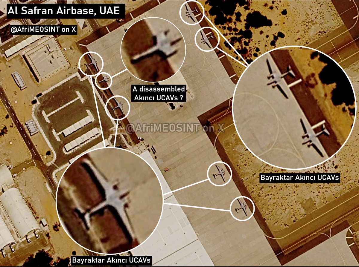 AfriMEOSINT's tweet photo. UAE Air Force 🇦🇪 Turkish-made 🇹🇷 Akıncı UCAVs are confirmed at Al Safran Airbase.

Satellite imagery shows at least six, and a dismantled UAV, likely another Akıncı. 

This further supports the link between cargo flights to Bahir Dar Airport, Ethiopia 🇪🇹, and transfers of drones. https://t.co/O9qDcxQrm0
