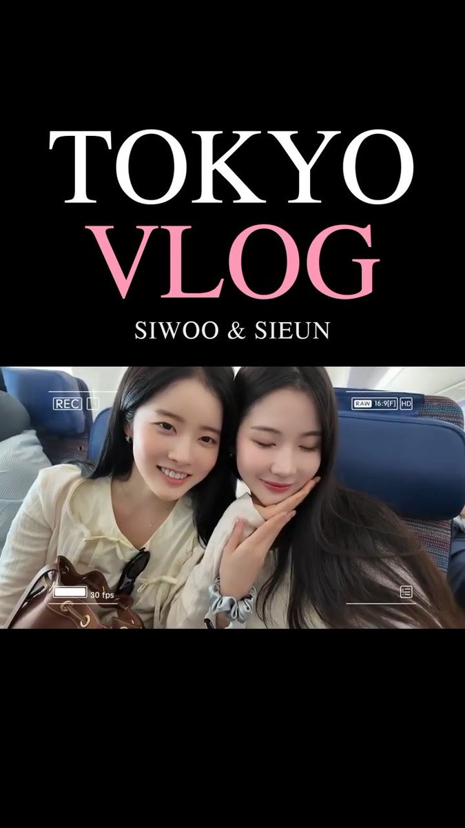 A YouTube-style thumbnail titled 'TOKYO VLOG' by 'SIWOO & SIEUN' shows two young women smiling together on an airplane, styled with a video recording overlay.