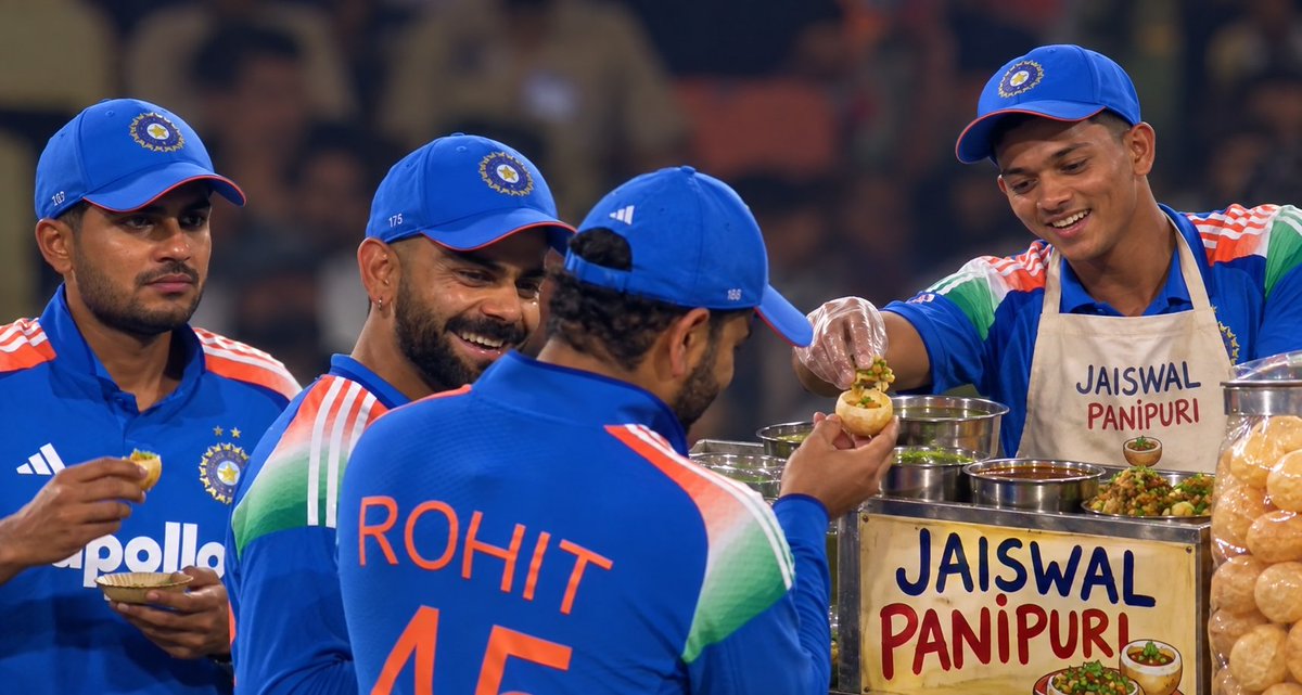 Ctrlmemes_'s tweet photo. Yashasvi Jaiswal was selected by Gambhir to replace Rohit Sharma in mid series 😭😭😭

But one more series Rohit Sharma made him serve Pani Puri during drinks 😭😭😭 https://t.co/h2W4BVehdV