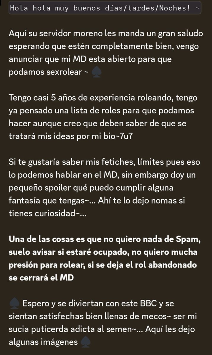 Kokujin_BBC's tweet photo. Como no me deja escribir de más aquí, les dejo mi presentación~...

♠️♠️♠️♠️♠️♠️♠️♠️♠️♠️♠️

//Aclaró que no publicaré mucho contenido aquí debido a que no queiro que me suspendan la cuenta ya en repetidas ocasiones https://t.co/QQImU387Fj