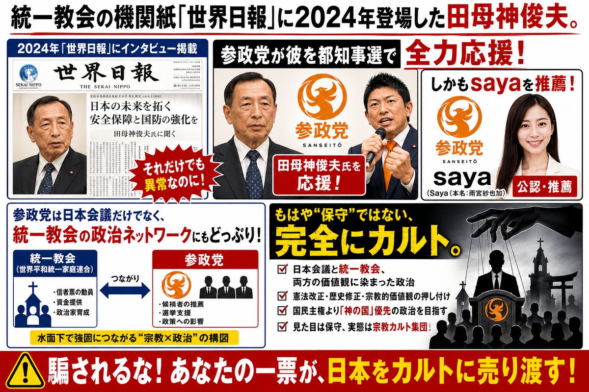 nemoto_ryosuke2's tweet photo. 田母神の背後にも統一教会。参政党関係者の裏に統一教会がいるパターンがあまりにも多い。最近こいつらは統一教会と関係している奴らとの関係を隠そうともしない。なのに議席が増えている。いかに有権者がアホかよくわかる。有権者がアホとわかっているから隠さなくなったんだろうね。 https://t.co/Pnvav2QrDa