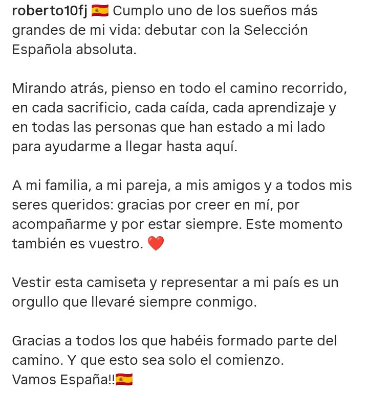 SeleccionRojita's tweet photo. Roberto Fernández en Instagram tras su debut ayer. 🇪🇸

En 2024 estaba en 1RFEF. Un currante. https://t.co/Fh25RtYaRq
