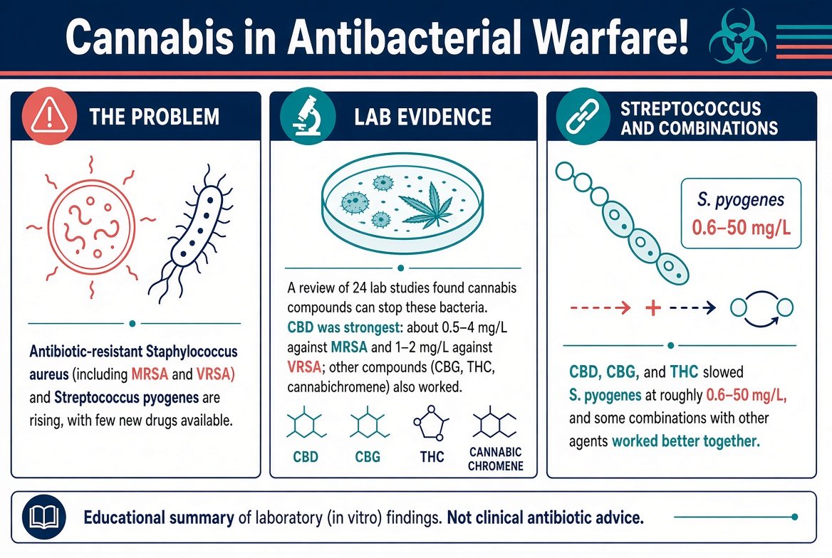 marclanders's tweet photo. Cannabis in Antibacterial Warfare!

Antibiotic-resistant Staphylococcus aureus (including MRSA and VRSA) and Streptococcus pyogenes are rising, with few new drugs available.

A review of 24 lab studies found cannabis compounds can stop these bacteria.

CBD was strongest: about 0.5–4 mg/L against MRSA and 1–2 mg/L against VRSA; other compounds (CBG, THC, cannabichromene) also worked.

CBD, CBG, and THC slowed S. pyogenes at roughly 0.6–50 mg/L, and some combinations with other agents worked better together.
https://t.co/xv4yag9nSp