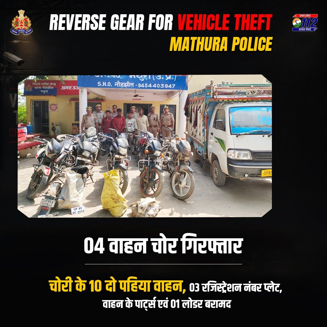 Uppolice's tweet photo. अपराध के प्रति जीरो टॉलरेंस—  

वाहन चोरी करने वाले 04 अभियुक्तों को @mathurapolice द्वारा गिरफ्तार करते हुए उनके कब्जे से चोरी के 10 दो पहिया वाहन, 03 रजिस्ट्रेशन नंबर प्लेट, वाहन के पार्ट्स एवं 01 लोडर वाहन बरामद किया गया है।  

#UPPAgainstCrime 
#GoodWorkUPP 
#VahanUP