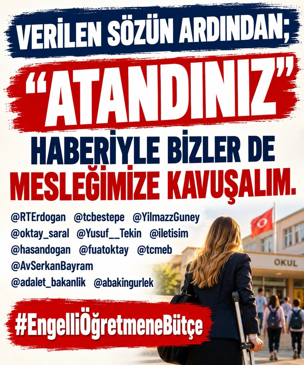 alkan387857's tweet photo. Verilen sözün ardından; "ATANDINIZ" haberiyle bizler de mesleğimize kavuşalım.@RTErdogan @tcbestepe @YilmazzGuney @oktay_saral @Yusuf__Tekin @iletisim @hasandogan @fuatoktay @tcmeb
@AvSerkanBayram 
@adalet_bakanlik @abakingurlek 

#EngelliÖğretmeneBütçe https://t.co/PiCSYgGNJp