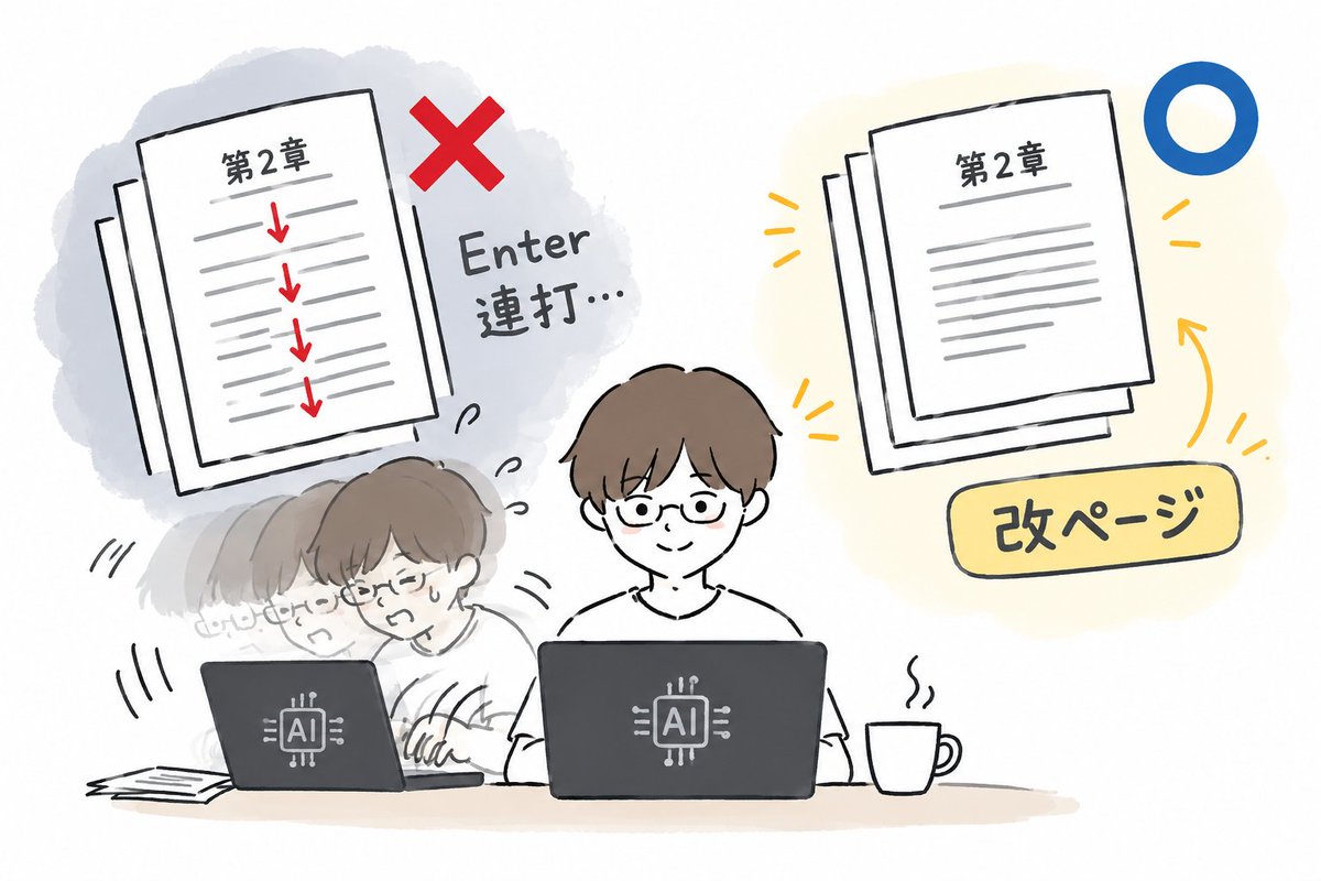 trackbackin's tweet photo. 「Enter連打」、改ページじゃなかった。

ペーパーバックでさっそく一つ学んだ。

Enter連打でページを送ると、文字サイズを変えたときに レイアウトが崩れる。

使うのは「改ページ」。

これで次の章を きちんと次ページから始められる。

2冊目はホントに学びだらけ。 https://t.co/6gxZaay4Z6