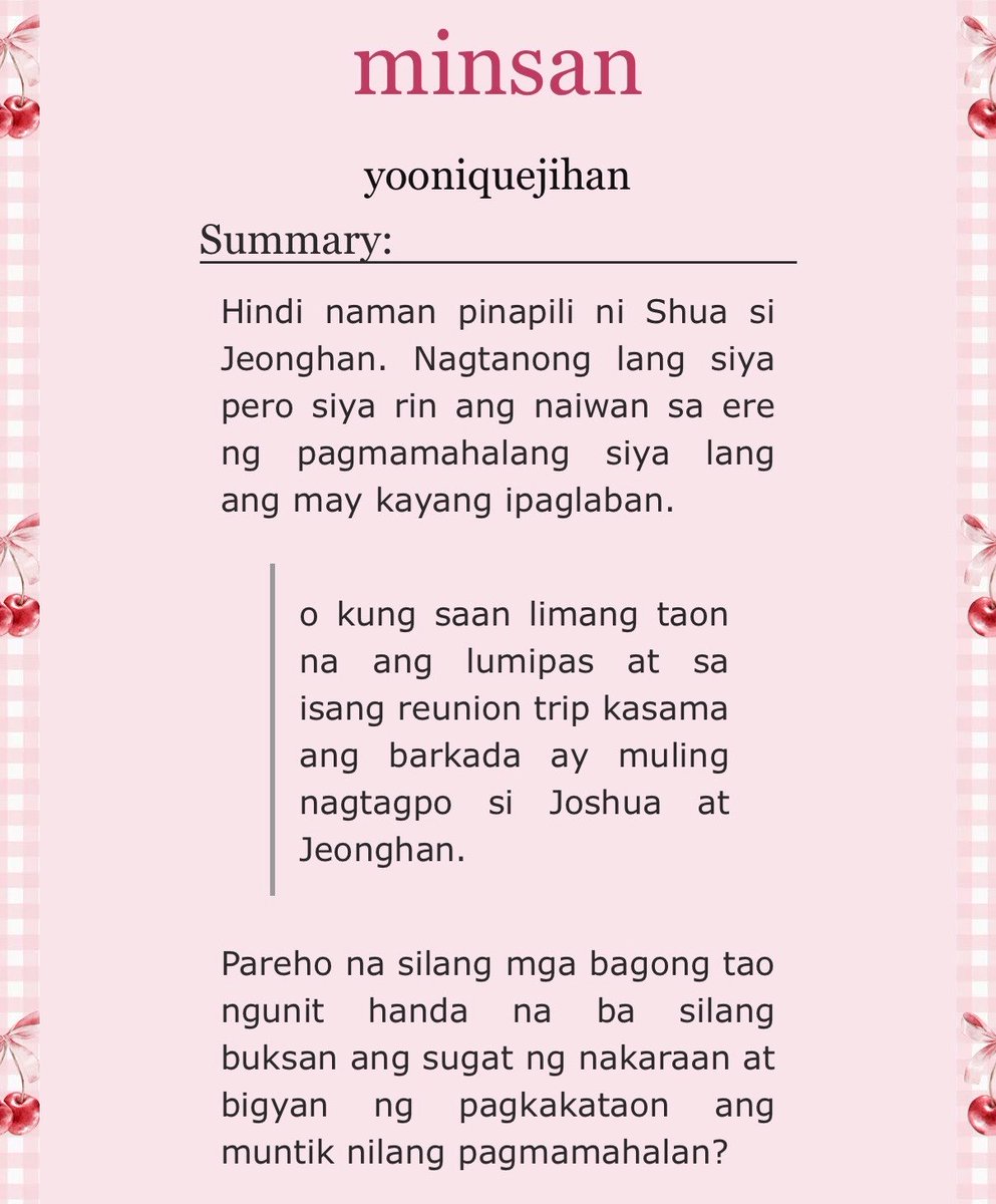 shualarpower's tweet photo. minsan
 - a #yoonhong / #jihan filo fic

[ Rated M, 10.5K • | after college au exes to lovers, friendships, breaking up/making-up, angst w happy ending ]

Happy Jeonghan Day to those who celebrate 🫶😼

🔗 https://t.co/gaFtnhuFbC https://t.co/yzR6XOFLGe