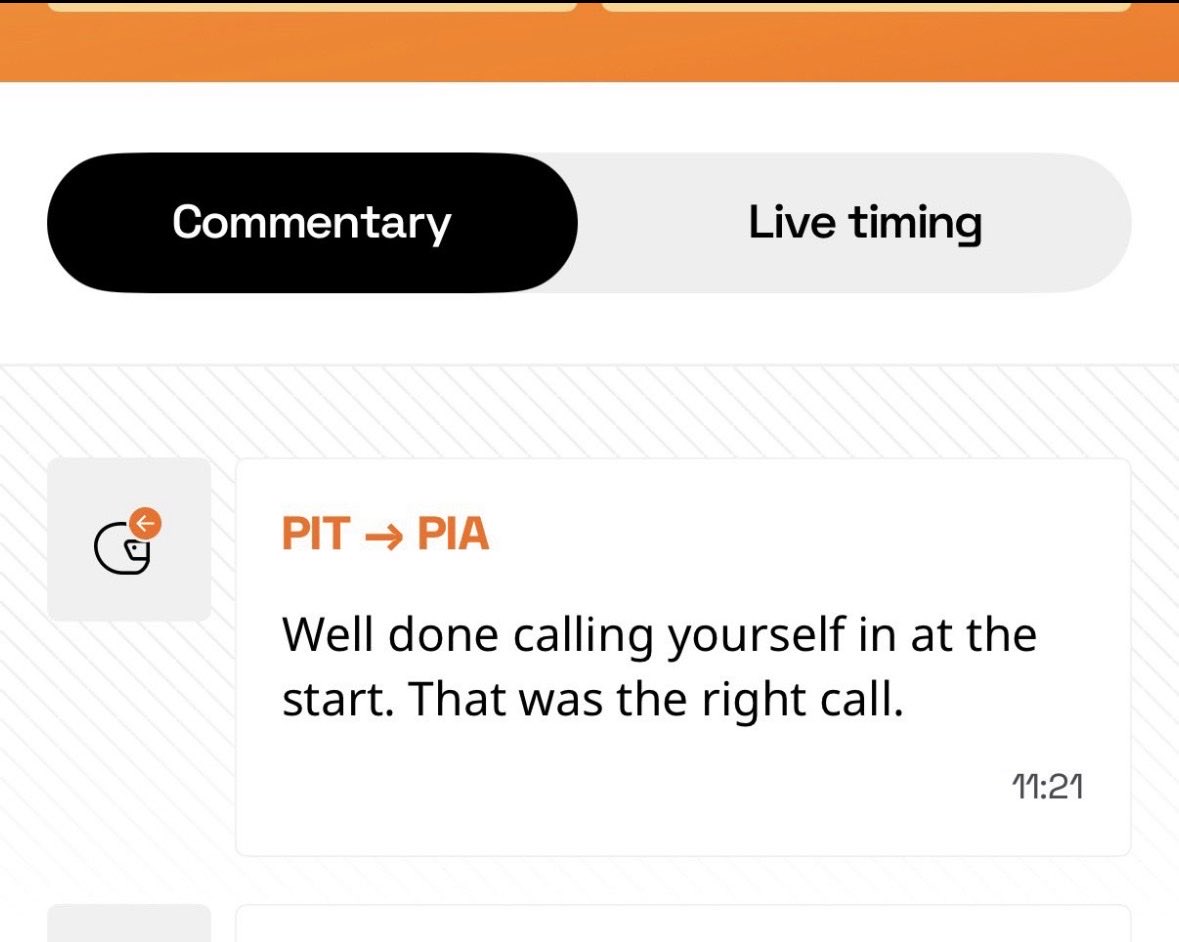 F1Tami's tweet photo. Are they taking the piss????

LANDO SAID THE EXACT SAME THING?????

He said they needed to pit and they told him to stay out so that they could be on the same strategy as Ferrari.

Fuck off. https://t.co/NFadWeExzt