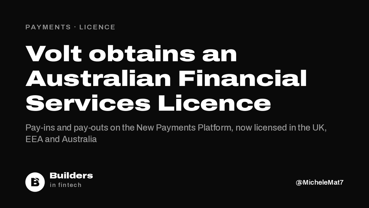 buildersfintech's tweet photo. Volt has obtained an Australian Financial Services Licence from ASIC, covering pay-ins and pay-outs on the New Payments Platform.

It now holds its own licences in the UK, EEA and Australia, all on one API.

Australian merchants include Primer, Pepperstone and City Beach. https://t.co/coxOfDoTt8