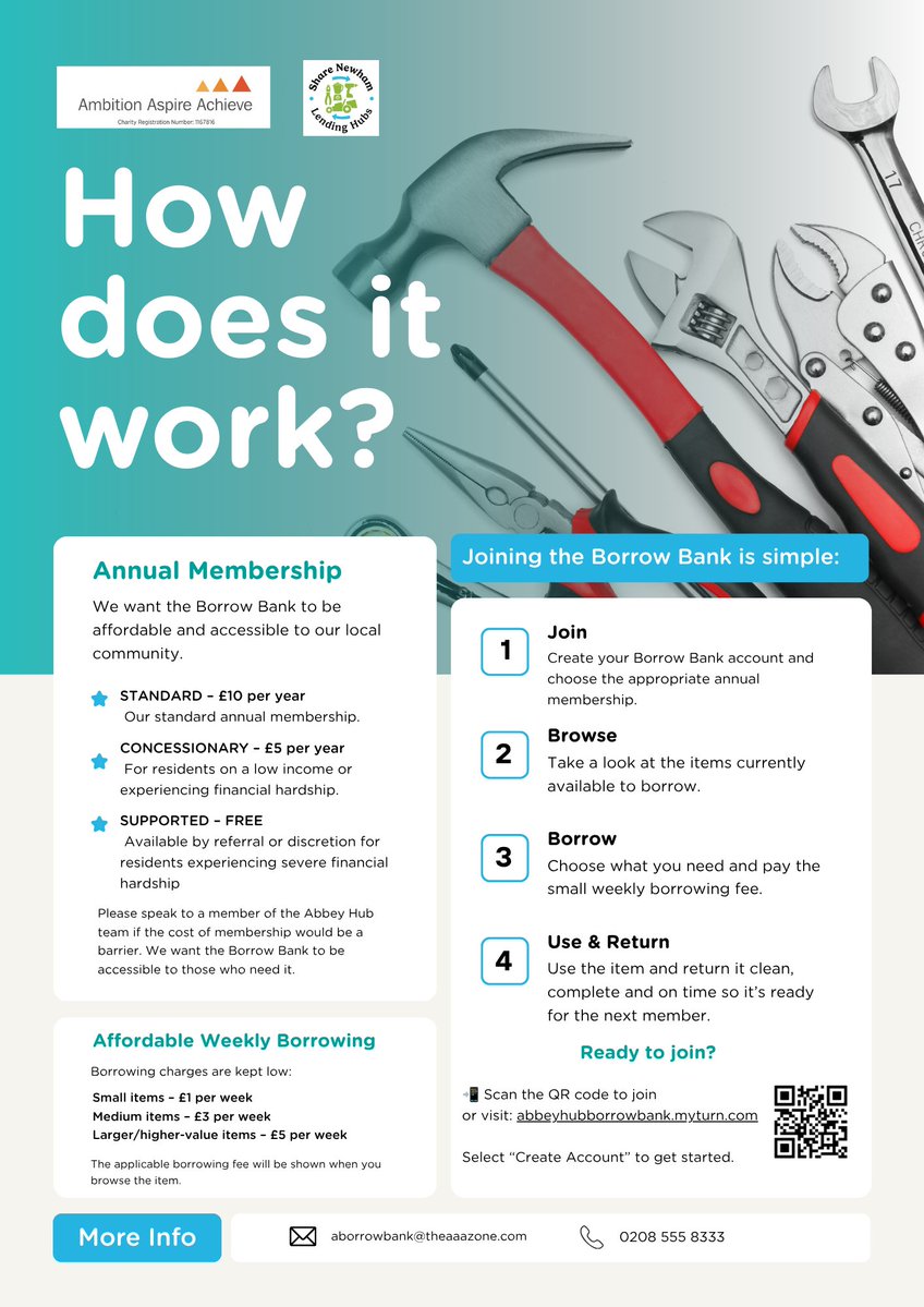 theaaazone's tweet photo. 🔧🌱 Why buy it when you can borrow it?

We’re excited to share the Abbey Hub Borrow Bank, giving local residents affordable access to a growing range of useful items without the expense of buying something you might only need once or occasionally.    

Whether you’re tackling a DIY job, getting the garden sorted or need some useful equipment around the home, you can borrow items including:
🔨 Hand & DIY tools – hammers, saws, pliers, wrenches, drills, sanders & more
🌱 Gardening tools – spades, rakes, hoes, secateurs, loppers, lawnmowers & more
🏠 Kitchen & household items – small kitchen appliances, useful household equipment & more
Borrowing starts from just £1 per week!    

📍 Glyn Hopkin Abbey Hub
6 Gay Road, Stratford, E15 2RN
🗓 Tuesdays: 10am–12pm
🗓 Saturdays: 12pm–1pm 

Annual membership options are available from FREE for eligible supported members, £5 concessionary or £10 standard membership.  

👉 Browse, join and start borrowing:
Abbey Hub Borrow Bank
📧 aborrowbank@theaaazone.com
📞 0208 555 8333

Save money, borrow what you need and make use of resources available right here in your local community. ♻️💙

#BorrowBank #Newham #Stratford #CommunitySharing #DIY #Gardening #CostOfLiving #CommunitySupport #AmbitionAspireAchieve