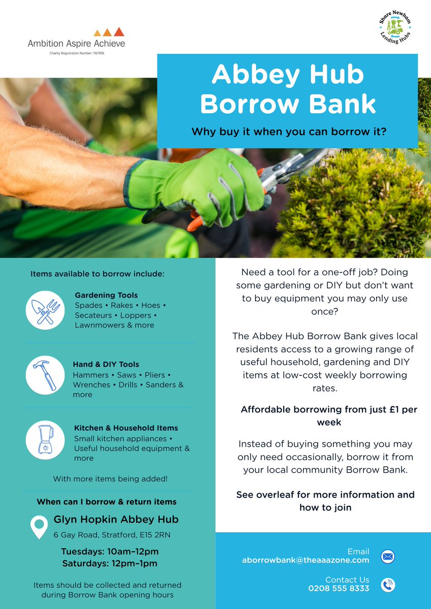 theaaazone's tweet photo. 🔧🌱 Why buy it when you can borrow it?

We’re excited to share the Abbey Hub Borrow Bank, giving local residents affordable access to a growing range of useful items without the expense of buying something you might only need once or occasionally.    

Whether you’re tackling a DIY job, getting the garden sorted or need some useful equipment around the home, you can borrow items including:
🔨 Hand & DIY tools – hammers, saws, pliers, wrenches, drills, sanders & more
🌱 Gardening tools – spades, rakes, hoes, secateurs, loppers, lawnmowers & more
🏠 Kitchen & household items – small kitchen appliances, useful household equipment & more
Borrowing starts from just £1 per week!    

📍 Glyn Hopkin Abbey Hub
6 Gay Road, Stratford, E15 2RN
🗓 Tuesdays: 10am–12pm
🗓 Saturdays: 12pm–1pm 

Annual membership options are available from FREE for eligible supported members, £5 concessionary or £10 standard membership.  

👉 Browse, join and start borrowing:
Abbey Hub Borrow Bank
📧 aborrowbank@theaaazone.com
📞 0208 555 8333

Save money, borrow what you need and make use of resources available right here in your local community. ♻️💙

#BorrowBank #Newham #Stratford #CommunitySharing #DIY #Gardening #CostOfLiving #CommunitySupport #AmbitionAspireAchieve