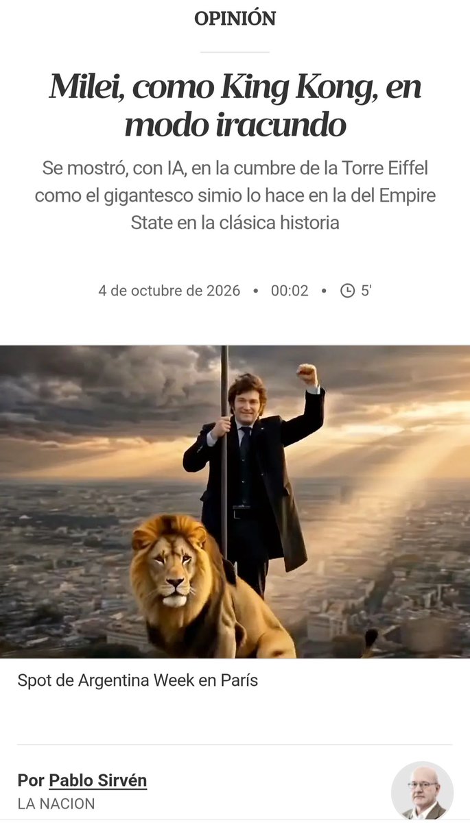 psirven's tweet photo. "@JMilei, como King Kong, en modo iracundo", mi columna de comunicación y política, en @LANACION https://t.co/5kt6O51e4p https://t.co/oT1ScgmCSq