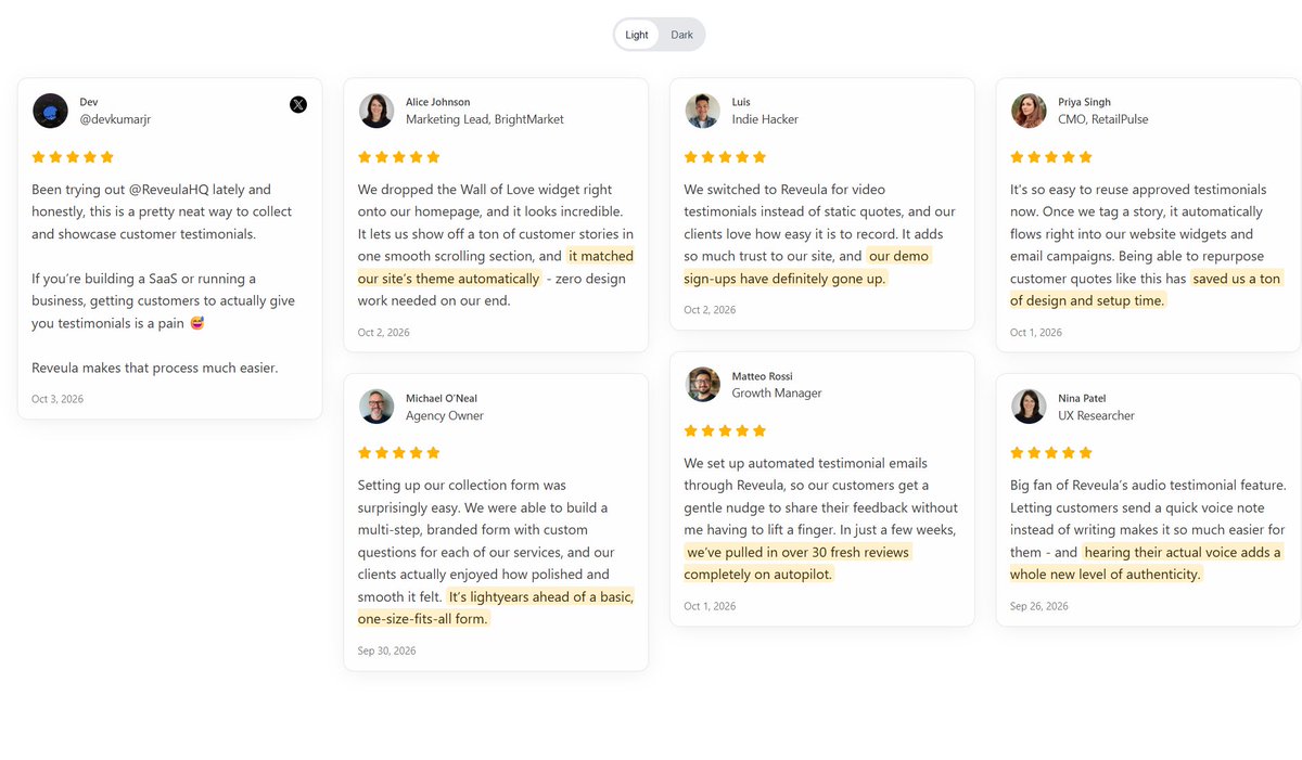 thedeepakcodes's tweet photo. Masonry

More testimonials. More variety.

A masonry layout makes your social proof feel more natural and less like a wall of quotes. https://t.co/Bp2oZMN0SU