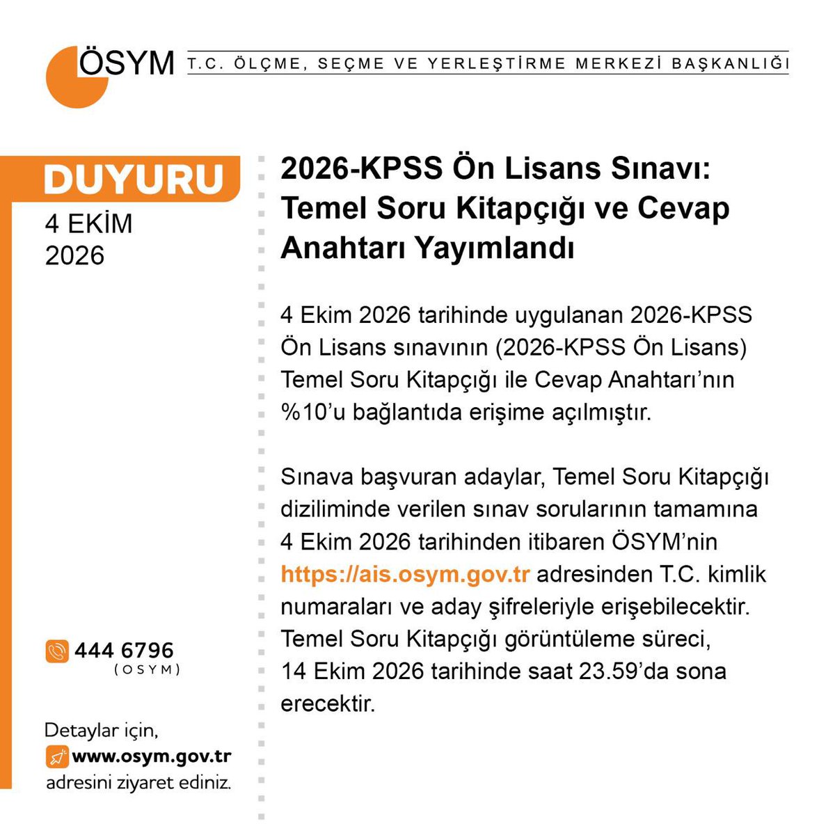 OSYMbaskanligi's tweet photo. 2026-KPSS Ön Lisans Sınavı: Temel Soru Kitapçığı ve Cevap Anahtarı Yayımlandı

https://t.co/aP8SJ3S4TV https://t.co/IZ0BGzSYGk