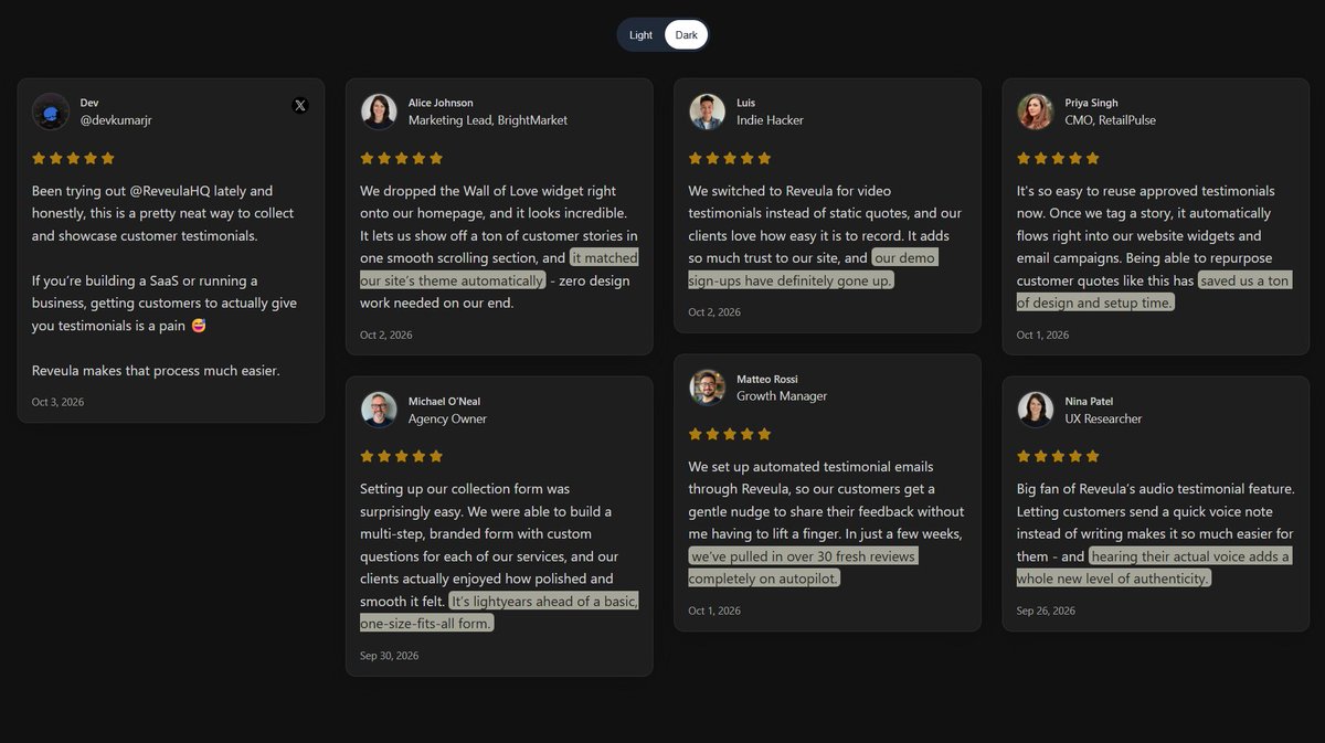 thedeepakcodes's tweet photo. Masonry

More testimonials. More variety.

A masonry layout makes your social proof feel more natural and less like a wall of quotes. https://t.co/Bp2oZMN0SU
