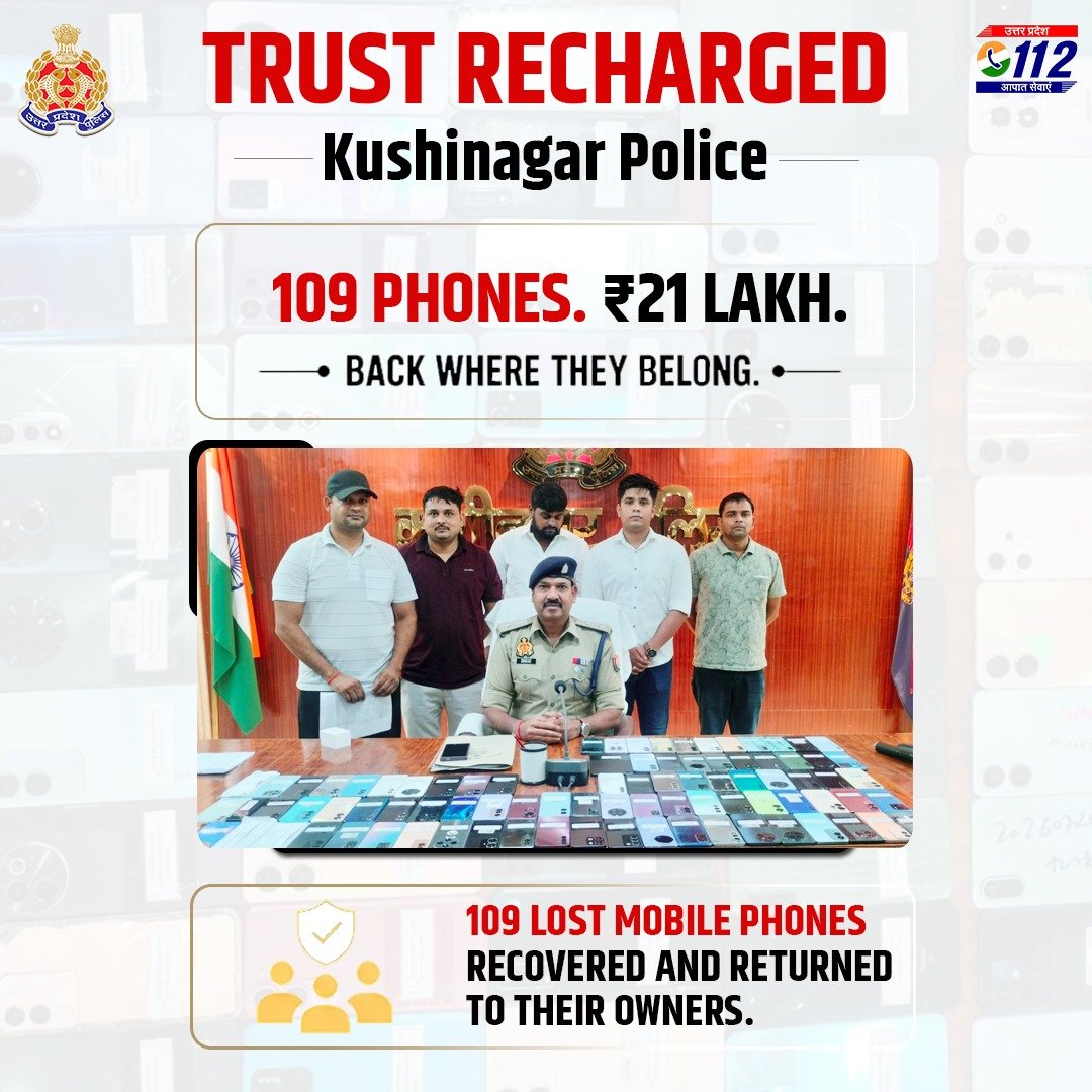 Uppolice's tweet photo. खोए मोबाइल लौटे, चेहरे पर लौटी मुस्कान।    

खोए हुए मोबाइल फोन की बरामदगी हेतु कार्यवाही करते हुए @kushinagarpol द्वारा 109 मोबाइल फोन, कीमत लगभग ₹21 लाख/- बरामद कर उनके स्वामियों को सुपुर्द किए गए।  

गुम हुई वस्तुओं को सही हाथों तक पहुँचाना केवल एक औपचारिकता नहीं, बल्कि जनता की सुरक्षा, सुविधा और भरोसे को मजबूत करने का निरंतर प्रयास है।  

#RingReturn 
#GoodWorkUPP 
#TrustRecharged