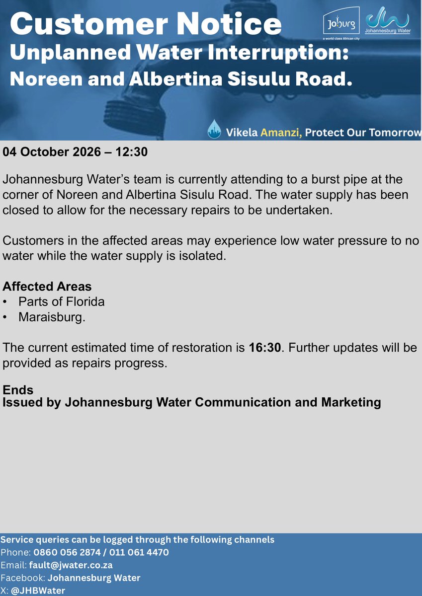 Official Johannesburg Water notice