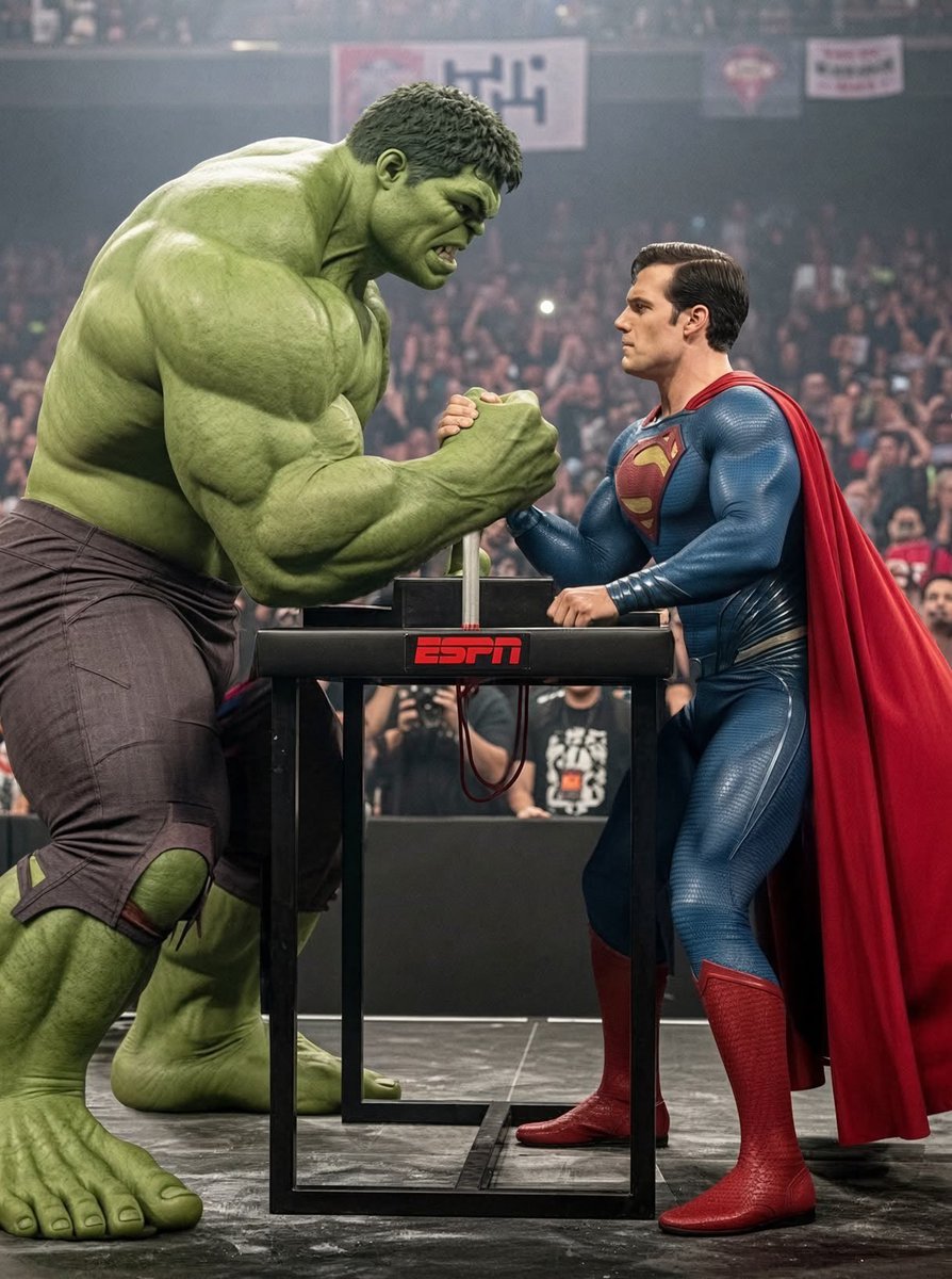 King_Shark02's tweet photo. Hulk vs Superman in a test of pure strength. No powers, no tricks, just an arm wrestle.

Who’s winning this? https://t.co/rCrOIhoq6B