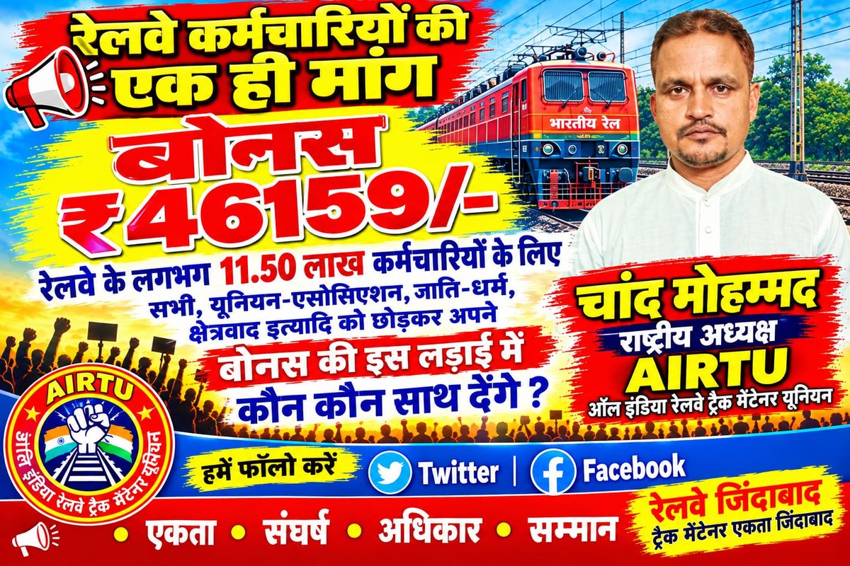 ChandMo58224260's tweet photo. कर्मचारियों को भीख नहीं अधिकार चाहिए उत्पादन पर आधारित बोनस (PLB) की राशि सातवें वेतनमान के न्यूनतम बेसिक के आधार पर 46159 देना होगा।
#RailwayBonus46159
@RailMinIndia @AshwiniVaishnaw @PMOIndia @PIB_India @RahulGandhi https://t.co/aQevReQvvp