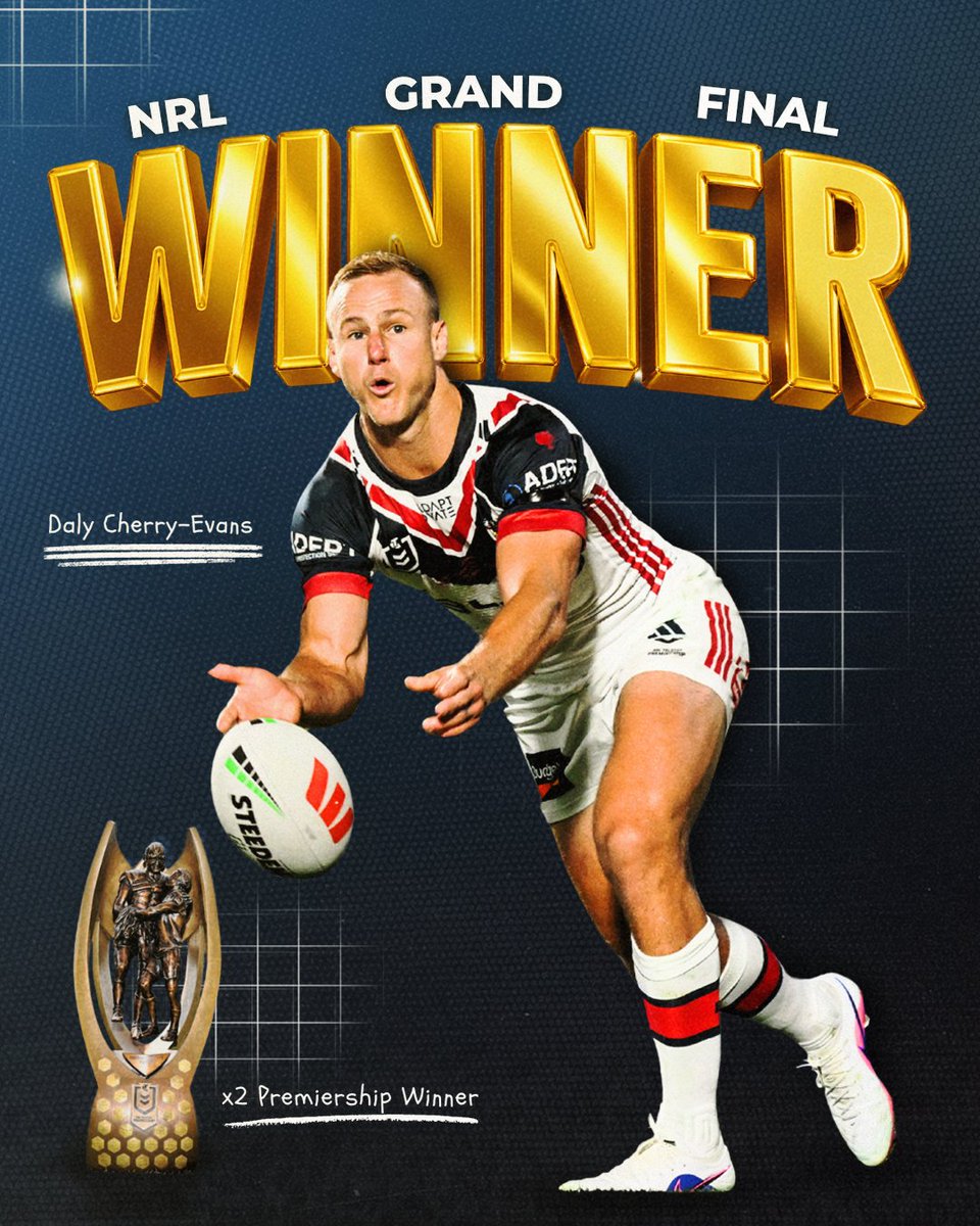 hullfcofficial's tweet photo. A second premiership ring for Daly Cherry-Evans 🤩💍

Sending huge congratulations to DCE and his @sydneyroosters teammates on their NRL Grand Final victory, including fellow 2027 recruit Junior Pauga who featured during the campaign 👏

⚫️⚪️ #COYH | #NRLGF https://t.co/xGwhE2H80f