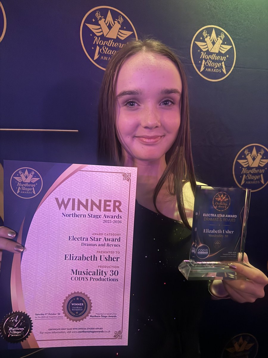 Jamesru12's tweet photo. Morning all.
She’s a winner!
Fantastic awards event last night - Elizabeth picked up the Electra Star Award for her performance in a musical review. She was very pleased!
#LittleMiss
#NSAs
#MusicalTheatre
#AwardsNight https://t.co/RgACEcfuzX