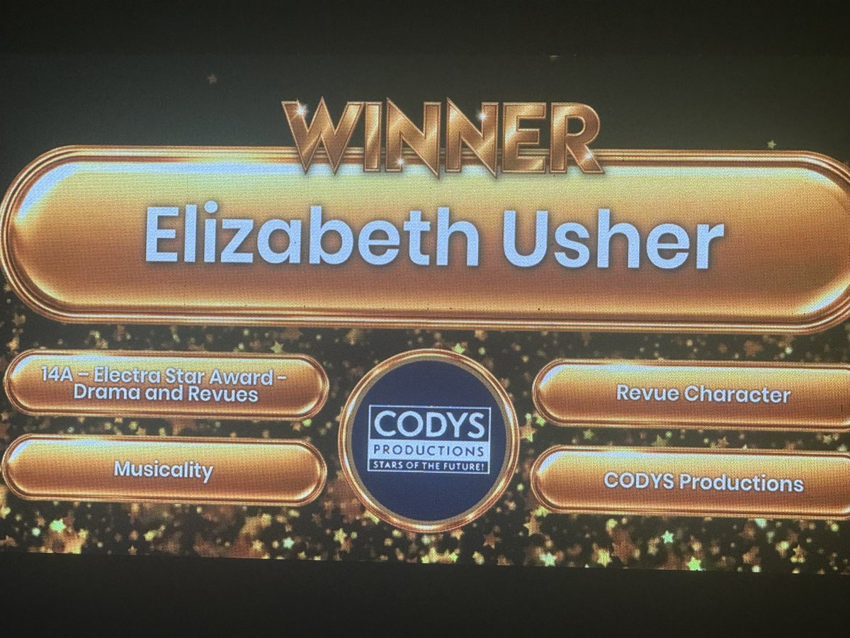 Jamesru12's tweet photo. Morning all.
She’s a winner!
Fantastic awards event last night - Elizabeth picked up the Electra Star Award for her performance in a musical review. She was very pleased!
#LittleMiss
#NSAs
#MusicalTheatre
#AwardsNight https://t.co/RgACEcfuzX