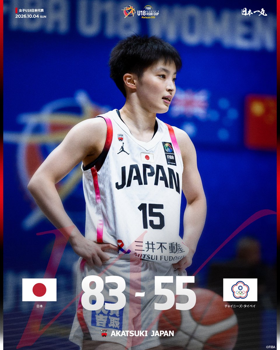 JAPAN_JBA's tweet photo. WIN！！！
大事な初戦を制し、白星スタート！

【試合終了】
日本 83-55 チャイニーズ・タイペイ

スタッツはこちら🔽
https://t.co/Cq7W2PD88r 

🇯🇵#AkatsukiJapan 女子U18日本代表
🏆FIBA U18 女子アジアカップ2026
次戦は5日(月)20:00- vsマレーシア

#竹内みや
#U18AsiaCupWomen https://t.co/8ZRwaD7fsT
