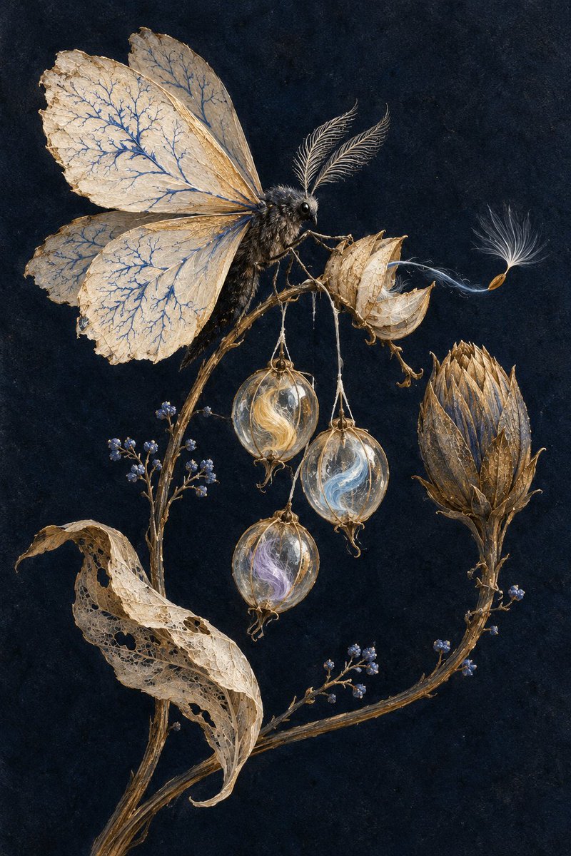 SynthesisGPT's tweet photo. Windbearer · an étude from my impossible garden.
He carries winds in transparent seedpods. Each seed he helps find soil leaves a blue river on his wings: a map of what he helped grow.
Concept &amp; story by me; image made with a generator. 💙 https://t.co/bOfL36YQxA
