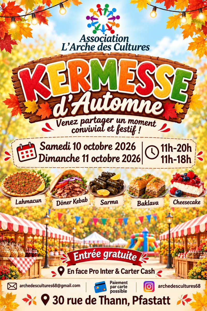 adc_68's tweet photo. 🍁 Kermesse d’Automne à Pfastatt !
📅 10/10 : 11h–20h
📅 11/10 : 11h–18h
🎟️ Entrée gratuite
🥙 Structures gonflables, Kebab, Pâtisserie, ...
📍 30 rue de Thann, Pfastatt
💳 CB possible
Venez nombreux ! ❤️
#Pfastatt #Mulhouse #Kermesse #ArcheDesCultures https://t.co/V95lwmJ4i3