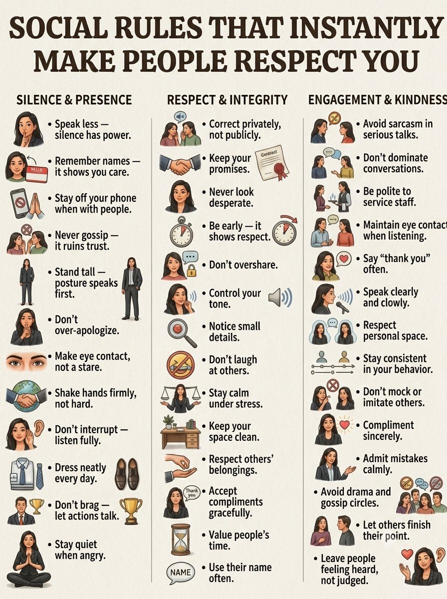 palmerdebra's tweet photo. A few simple social rules I try to live by: Be respectful, keep your word, listen when others speak, don’t embarrass people unnecessarily, and treat everyone with kindness regardless of their status.
#LifeLessons #Respect #KindnessMatters #GoodManners #PersonalGrowth https://t.co/9kI3lOpoYy