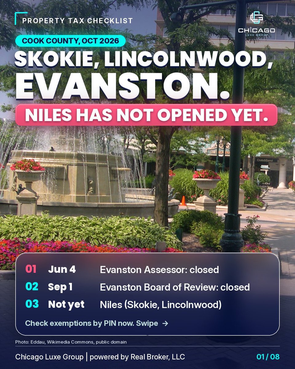 ChicagoLuxeGRP's tweet photo. Skokie, Lincolnwood: Niles Township is not open yet. Evanston: closed (Assessor Jun 4, Board of Review Sep 1). Hyde Park closes Oct 8. Free to file. Not tax advice. Let us put you in touch with one of our property tax specialists. Call or text Mike 872-246-7666 #ChicagoLuxeGroup https://t.co/zo8i83zRCx