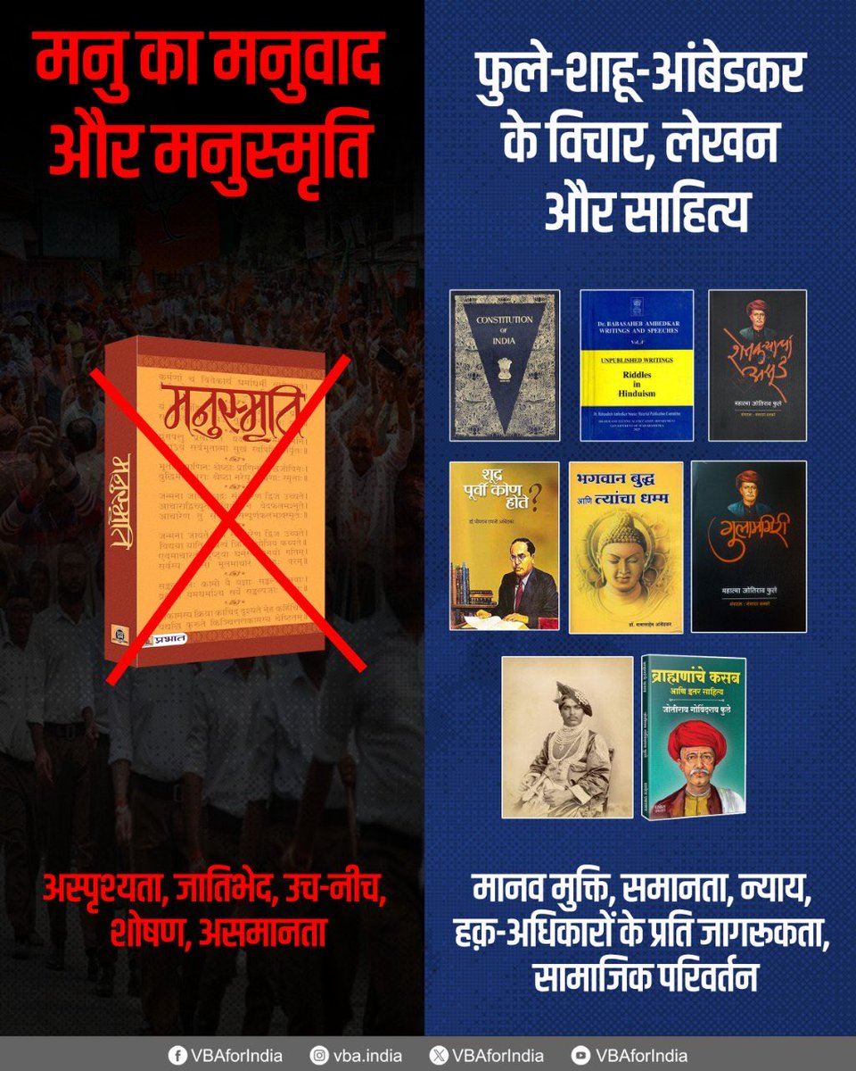 VBAforIndia's tweet photo. मनु का मनुवाद और मनुस्मृति

❌

Vs

फुले-शाहू-आंबेडकर के
विचार, लेखन और साहित्य

✅

#PhuleShahuAmbedkar #Ambedkar https://t.co/PTnsagVGWM