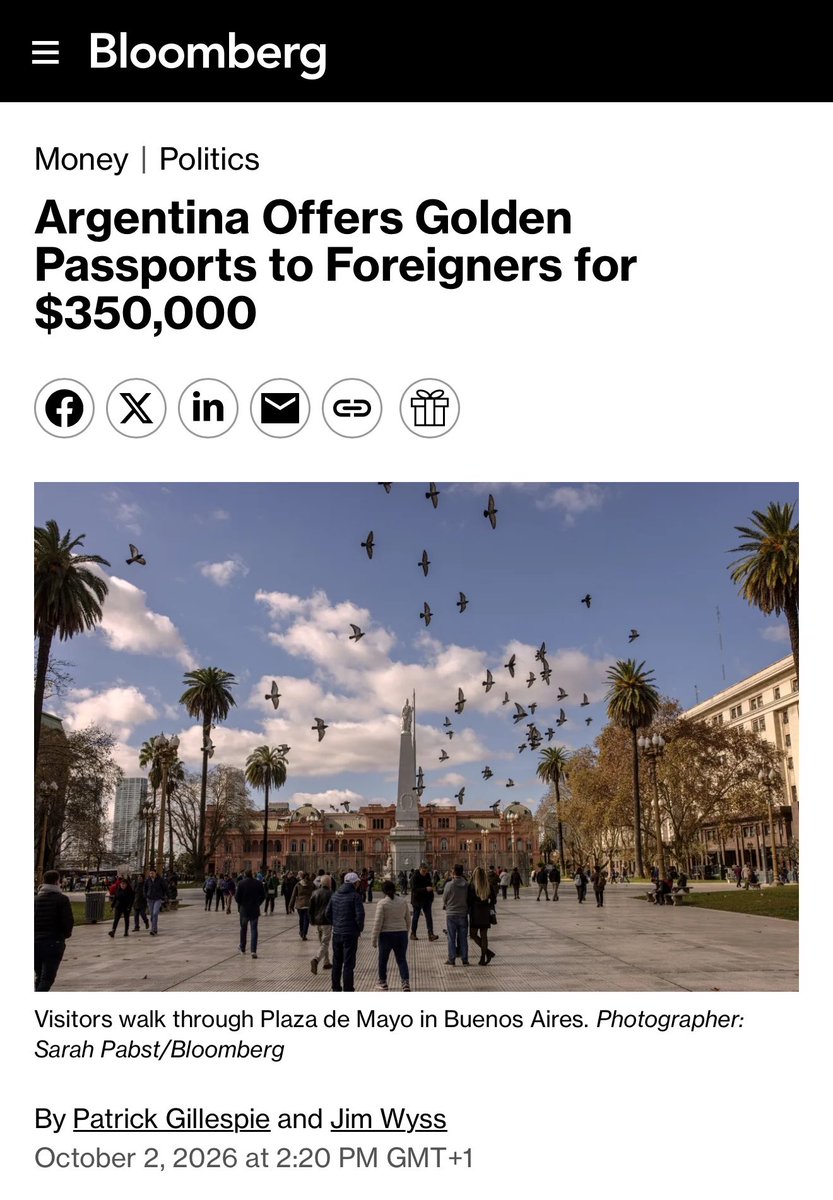 levelsio's tweet photo. Just a day later and now Javier Milei is offering full Argentinean citizenship with residence and passport for $350,000

Countries will keep plucking out the high skilled and wealthy from around the world for better conditions elsewhere

Which is easier than ever especially in Europe

This isn't new of course, this is what the US, Canada, South America and Australia did for centuries to attract people

It's why there's Dutch dairy farmers all over the world because many got poached in 1950 after WW2 to migrate elsewhere (and often get free or cheap land to farm on)