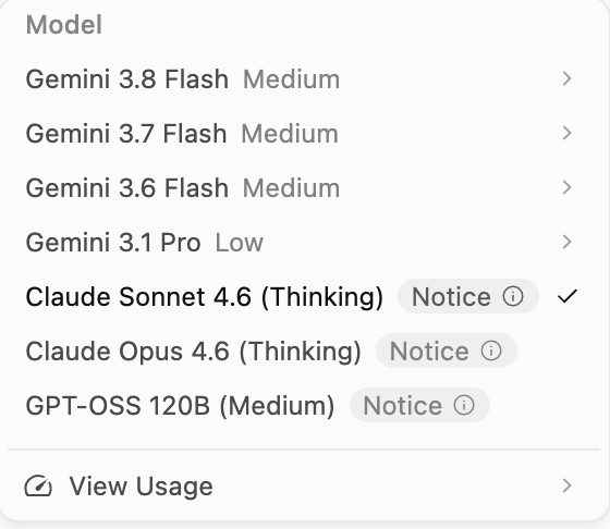 A model selection menu shows available AI models including Gemini 3.8 Flash, 3.7 Flash, 3.6 Flash, 3.1 Pro, Claude Sonnet 4.6 (Thinking), Claude Opus 4.6 (Thinking), and GPT-OSS 120B (Medium), with Claude Sonnet 4.6 (Thinking) currently selected. The image addresses the user's complaint about not having access to Opus 5.5, confirming that only Claude Opus 4.6 is available rather than a newer 5.5 version.
