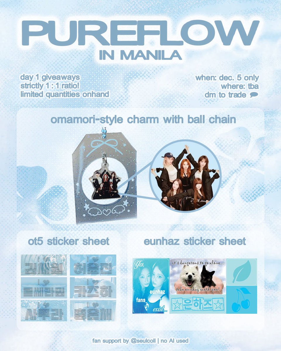 seulcoll's tweet photo. ༄ pureflow in manila freebies

.☘︎ ݁˖ omamori-style charm
.☘︎ ݁˖ sticker sheets - ot5, eunhaz

day 1 only | 1:1, limited qty.
🩵 + 🔁 appreciated
follow = optional!

💬 see reply for more details

#PUREFLOW_IN_MANILA
#LESSERAFIM_IN_MANILA
#LE_SSERAFIM @le_sserafim https://t.co/jAstVZT8Z8