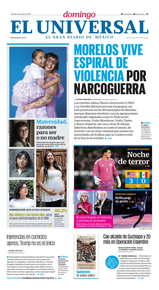 El_Universal_Mx's tweet photo. ¡Buenos días, lectores! Iniciamos la jornada informativa con la portada de EL UNIVERSAL y sus secciones este 4 de octubre.
https://t.co/Z1NMhjm7Ng https://t.co/idRydhNLHf