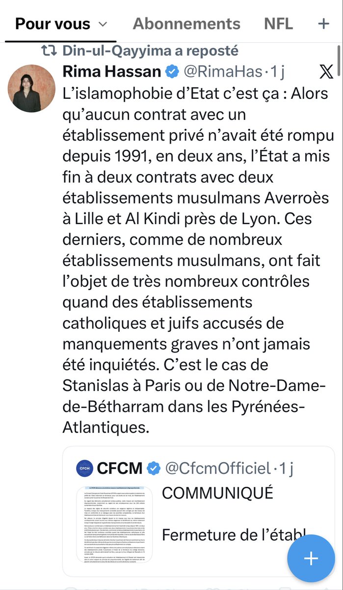 FBBlackler's tweet photo. C’est quand même formidable. La députée Rima Hassan relaie un post du CFCM qui défend les écoles créées par les Frères musulmans. L’alignement est parfait entre LFI la structure créée par l’Etat (Sarkozy) et les Frères musulmans.
L’emprise des Frères a été patiente et intelligente, elle est aboutie.