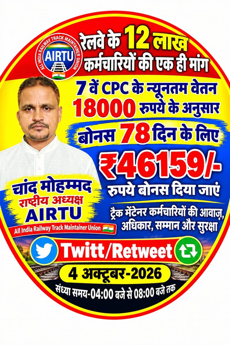 ChandMo58224260's tweet photo. कर्मचारियों को भीख नहीं अधिकार चाहिए उत्पादन पर आधारित बोनस (PLB) की राशि सातवें वेतनमान के न्यूनतम बेसिक के आधार पर 46159 देना होगा।
#RailwayBonus46159
@RailMinIndia @AshwiniVaishnaw @PMOIndia @PIB_India @RahulGandhi https://t.co/JMyA02P8PT