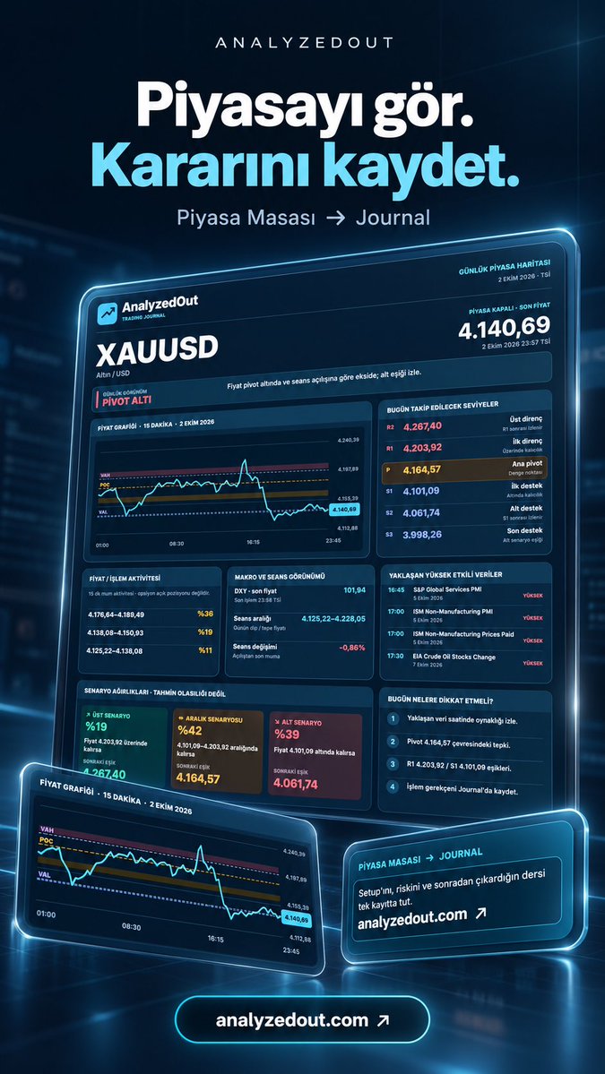 AnalyzedOut's tweet photo. Yeni Piyasa Masası yayında.

XAUUSD, XAGUSD, EURUSD, BTCUSDT, ETHUSDT ve XRPUSDT için tek ekranda:

önemli seviyeler • pivotlar • seans görünümü • makro veriler • günlük senaryolar

Amaç sinyal vermek değil; piyasayı daha net görüp kendi kararını vermeni kolaylaştırmak.

Planla → işlemi al → Journal’a kaydet → performansını ölç.

📊 Piyasa Masası + Ücretsiz Trade Journal
https://t.co/ZR186zP7Cn

#XAUUSD #XAGUSD #EURUSD #BTCUSDT #ETHUSDT #XRPUSDT #Trading #PriceAction