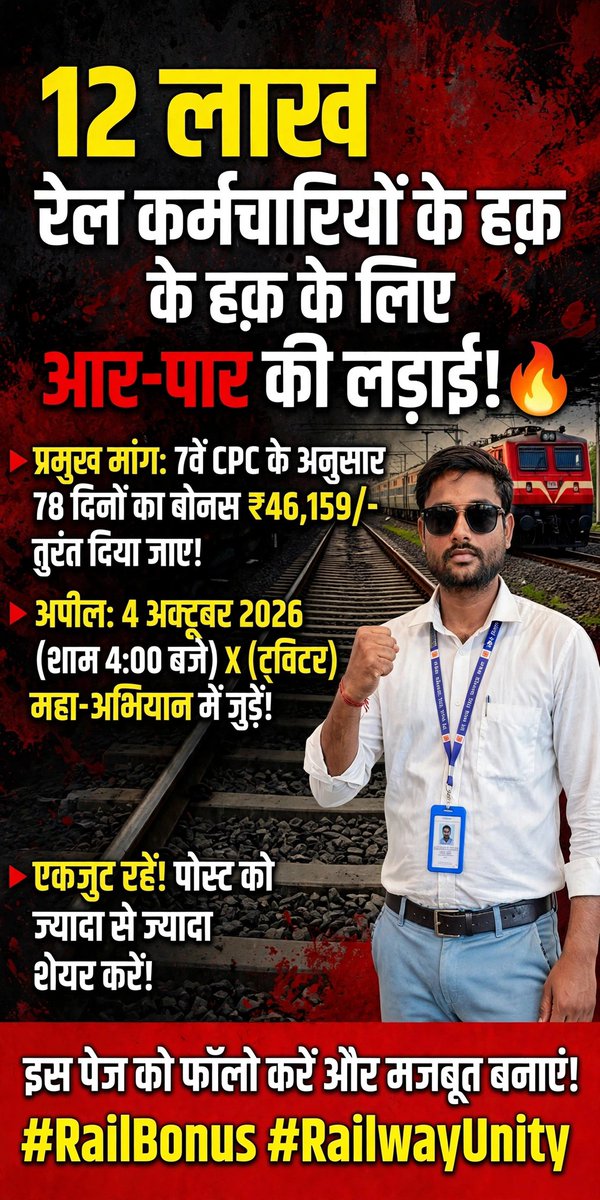 KbaniaBania93's tweet photo. #Bonus_7thCPC
#RailwayBonus7thPayCommission
#RailwayBonus #Railwayunity
@AshwiniVaishnaw @RailMinIndia
रेल कर्मचारियों के हक़ की आवाज़! एक ही जायज़ मांग है—7वें CPC के अनुसार 78 दिनों का बोनस ₹46,159/- तुरंत जारी किया जाए।
#RailBonus #RailwayUnity #7thCPC #RailwayEmployees https://t.co/NAszB2q6dN