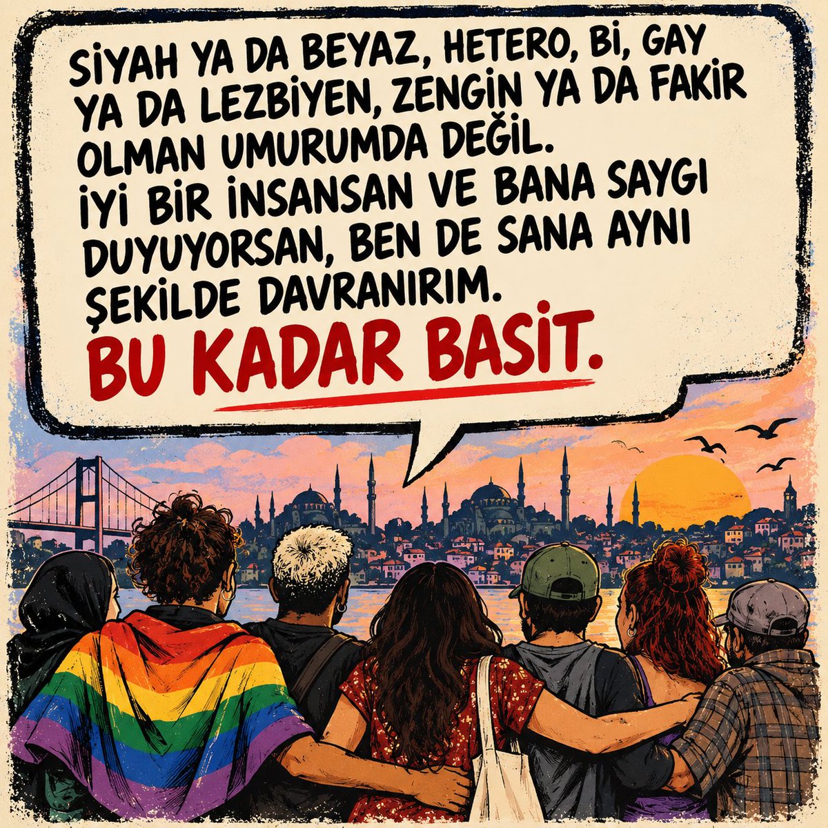 bayrischsolo's tweet photo. Türk, Kürt, Arap, siyah ya da beyaz;
hetero, bi, gay ya da lezbiyen;
kadın, erkek, trans;
zengin ya da fakir olman umurumda değil.

İyi bir insansan, bana ve başkalarına saygı duyuyorsan, ben de sana aynı saygıyla davranırım.

Bu kadar basit. https://t.co/Efq59X74Nk