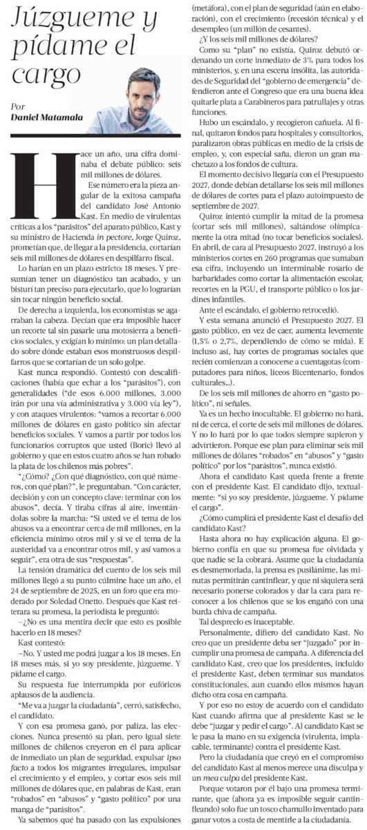 RobertoMerken's tweet photo. 🔴 «JÚZGUEME Y PÍDAME EL CARGO»

Como recuerda Daniel Matamala, Kast prometió recortar US$6.000 millones sin tocar beneficios sociales. Habló de “parásitos” y aseguró tener un plan. Pero la tijera terminó apuntando a hospitales, obras públicas y cultura.

Presidente, ¿dónde está ese plan? ¿Por qué las familias deben pagar por una promesa que usted vendió como perfectamente calculada?

Los aplausos de campaña se los llevó Kast. La cuenta se la está pasando a Chile. Exigirle respuestas es tomarle la palabra ahora que tenemos la ley de presupuestos 2027.