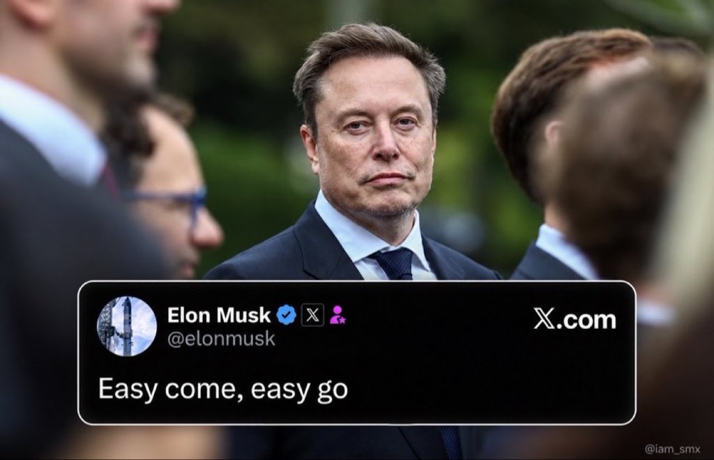 Founderr7's tweet photo. Elon Musk just gave the most humble response to a post about him approaching trillionaire status again, with just $19 billion to go:

“Easy come, easy go.” https://t.co/cA5TdnymjO