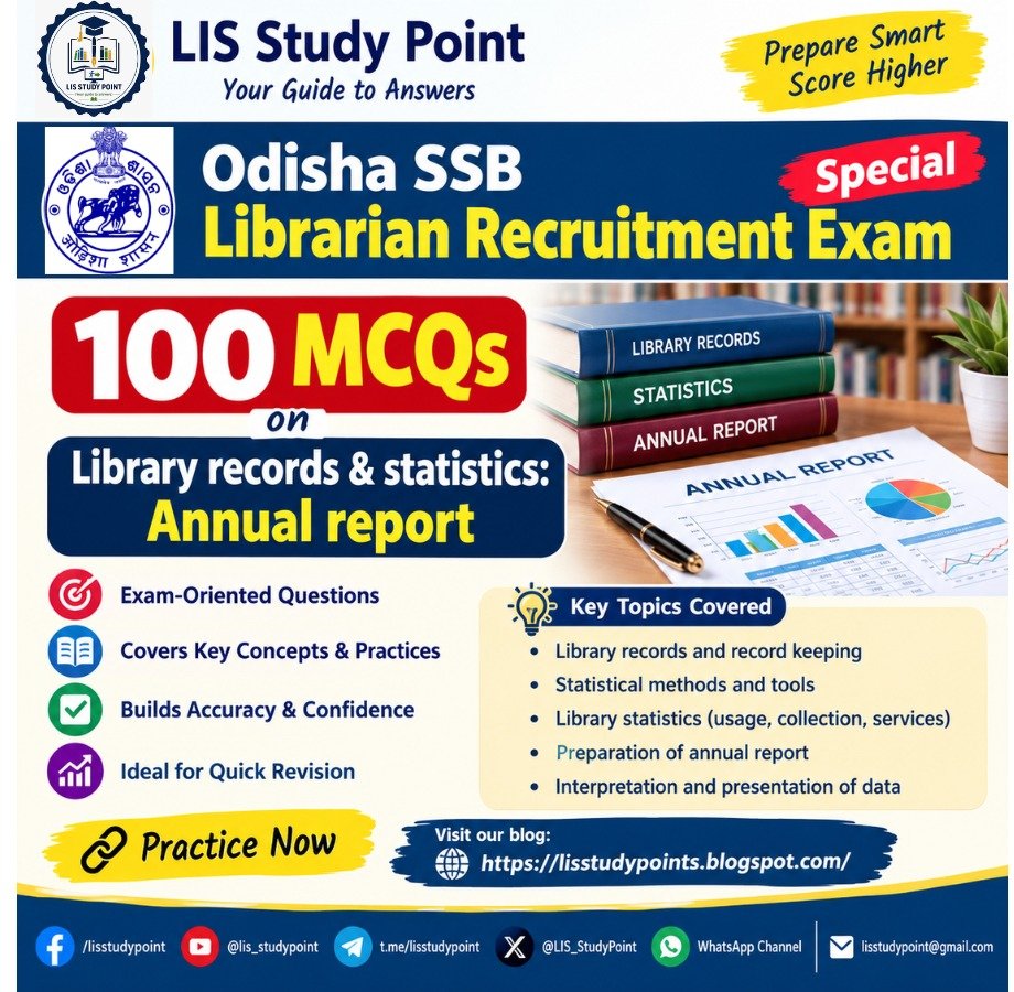 LIS_StudyPoint's tweet photo. 📚 Odisha SSB Librarian Exam!

📝 100 MCQs: Library Records &amp; Statistics—Annual Report

👉 Practice: https://t.co/KAsxW295Iq

#SSBLibrarian #OdishaSSB #LISStudyPoint https://t.co/L4QihF8wl1