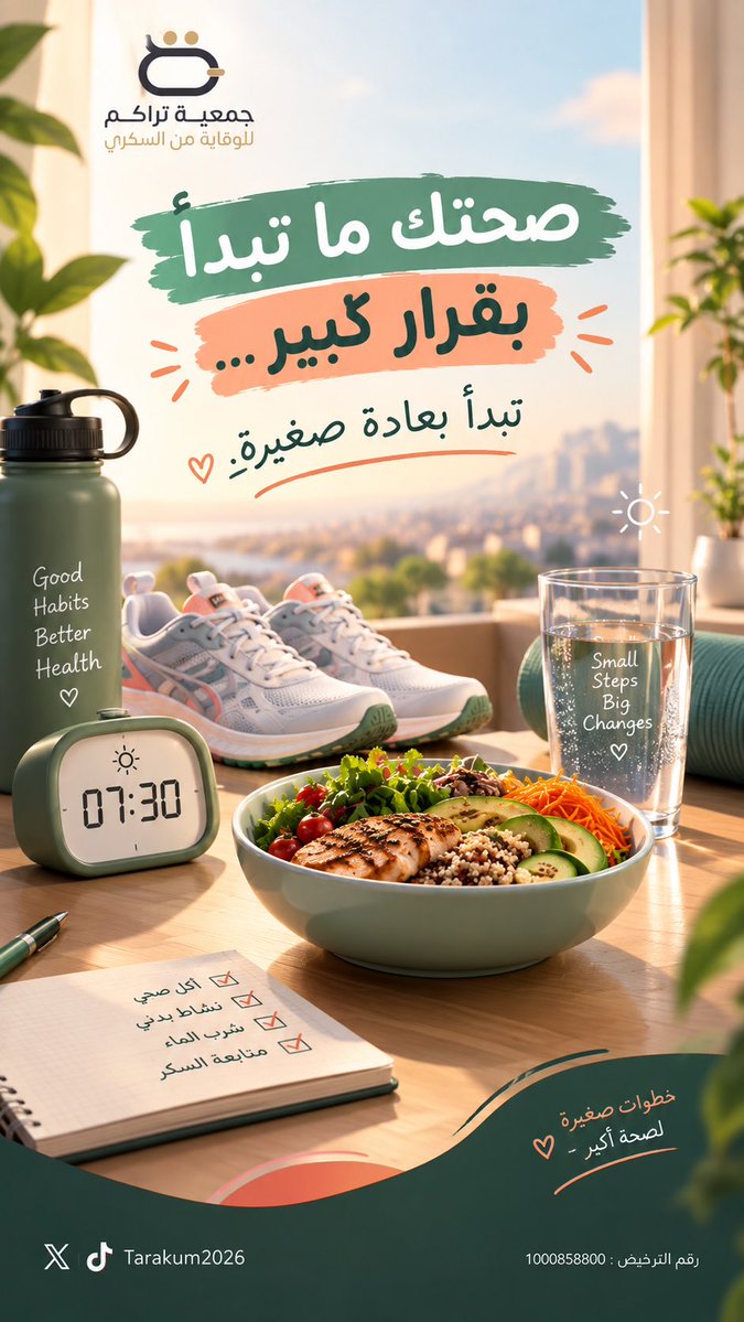 Tarakum2026's tweet photo. التغيير الصحي ما يحتاج بداية كبيرة.. يحتاج قرار صغير تستمر عليه 💚
ابدأ اليوم بعادة صحية، فكل خطوة تهتم فيها بصحتك تقرّبك من حياة أفضل، ووقاية أقوى من السكري. 
#جمعية_تراكم #الوقاية_من_السكري #عادات_صحية #صحتك_أولاً https://t.co/vQHBNLBkio