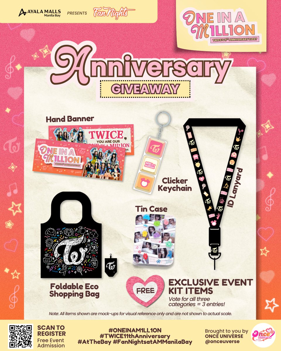 onceuverse's tweet photo. 🍭🎉 ANNIVERSARY GIVEAWAY! 🎉🍭
As we celebrate TWICE’s 11th Anniversary and Once Universe’s 1st Anniversary, we want to give back to the ONCE community with a little something special! 💗

We’re giving FOUR lucky ONCEs a piece of ONE IN A M1LL1ON Exclusive Event Items! 🎁✨

📣 HOW TO JOIN:
1. Follow @onceuverse on X.
2. Like and repost this giveaway post. 
3. Download and open the IDOLCHAMP App. Log in or create an account.
4. Navigate to the AAA 2026 voting tab.
5. Vote for TWICE, DAHYUN, and TZUYU on IDOLCHAMP for AAA 2026. One vote per category = 1 entry.
6. Take a screenshot of your votes and reply with your proof to this giveaway post.

VOTING CATEGORIES
🩷🧡 TWICE
→ Popularity Award: GROUP (FEMALE)

💙 TZUYU
→ Popularity Award: SOLO (FEMALE)

🤍 DAHYUN
→ Popularity Award: ACTRESS

✨ Vote for all three = 3 entries! ✨
Each category you vote in counts as one entry. Multiple entries are allowed.

📅 Giveaway Period: October 4 - 24, 2026 | 10 PM
🏆 Winner Announcement: October 24, 2026 | 11 PM
📍Open to PH-based (nationwide) ONCEs only 🇵🇭
🎁 Winners may claim their prizes on the day of the event or have them shipped at the winner's expense.

ONE IN A M1LL1ON: TWICE’s 11th Anniversary Event
📅 October 25, 2026
🕛 12 NN to 8 PM
📍 5F Sun Garden, Ayala Malls Manila Bay

Let’s celebrate TWICE, Once Universe, and the amazing ONCEs together! 🥹💗

𝐻𝑒𝓇𝑒’𝓈 𝓉𝑜 𝟣𝟣 𝓎𝑒𝒶𝓇𝓈 𝑜𝒻 𝒯𝓌𝒾𝒸𝑒 𝒶𝓃𝒹 𝟣 𝓎𝑒𝒶𝓇 𝑜𝒻 𝒪𝓃𝒸𝑒 𝒰𝓃𝒾𝓋𝑒𝓇𝓈𝑒! 🍭✨💗

#ONEINAM1LL1ON #TWICE11thAnniversary
#AtTheBay #FanNightsatAMManilaBay
#TWICE #DAHYUN #TZUYU