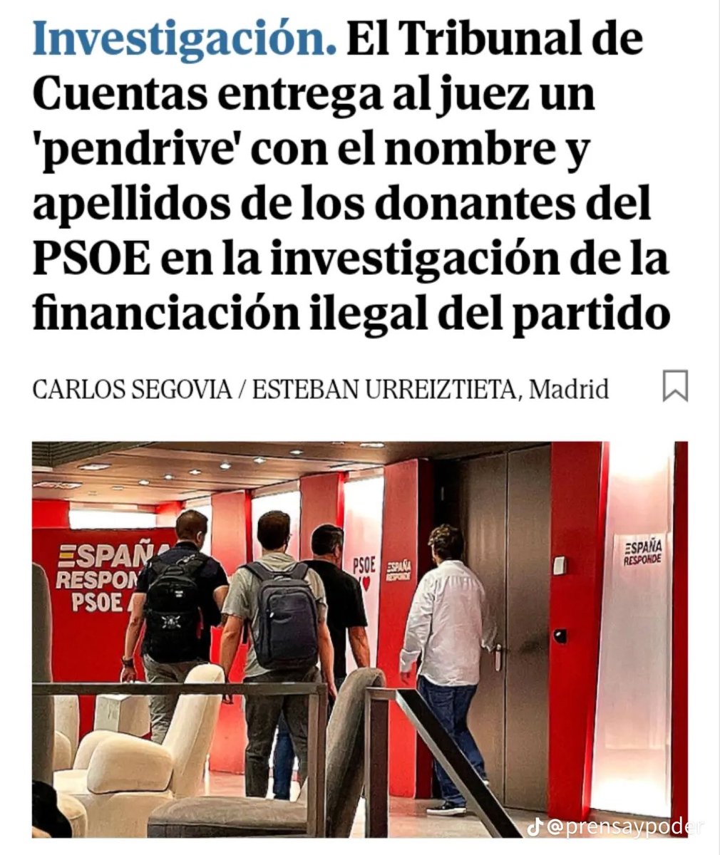DiosaKhalinda's tweet photo. TIC-TAC ⏰

Investigación. El Tribunal de Cuentas entrega al juez un
'pendrive' con el nombre y apellidos de los donantes del
PSOE en la investigación de la financiación ilegal del partido https://t.co/ZSpk3U5cF4