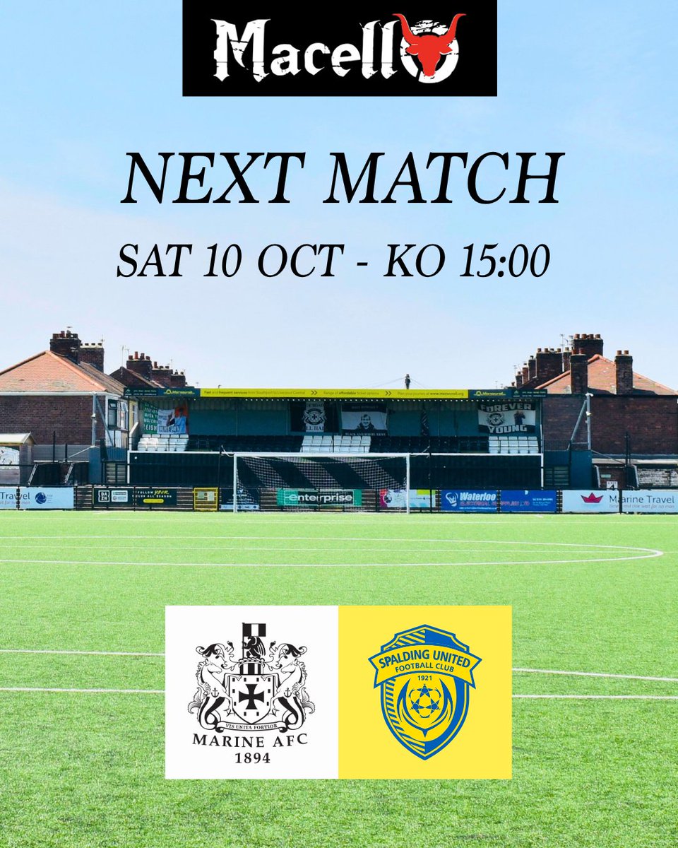 MarineAFC's tweet photo. The Enterprise National League North returns to the Marine Travel Arena next Saturday...

🆚 | Spalding United
🗓️ | Sat 10 Oct 15:00
📍 | Marine Travel Arena 
🎟️ | https://t.co/UOkTuZDuBM
🎙️ | https://t.co/moYIB5LjkS

Proudly sponsored by https://t.co/owi98ZZt9R

#WeAreMarine | 📸 @LRPhotography_